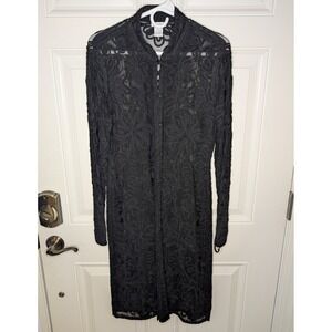 Vintage Cache Black Lace Long Button Front Over Coat Dress Women's Size Large
